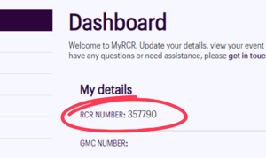Screenshot of part of the MyRCR dashboard, showing the RCR number field circled